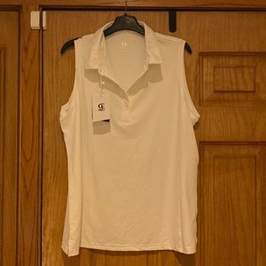 White sleeveless golf shirt